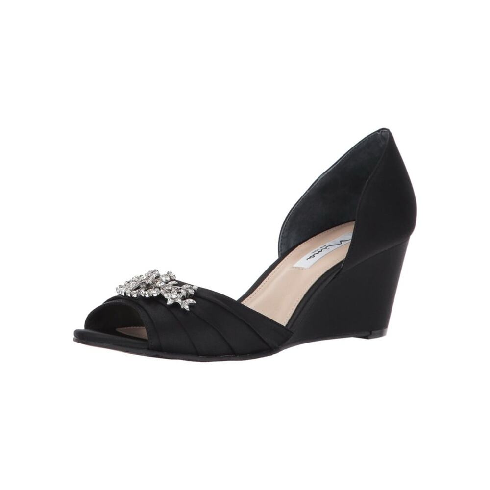 Nina Emiko Embellished Open-Toe Wedge Pumps in Black sz 7